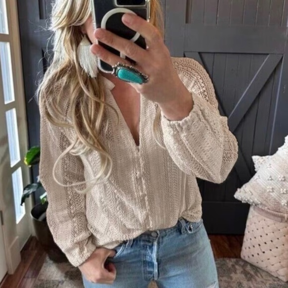 Shop Fig Tops - New Bohemian Cream Lace Long Sleeve V-Neck Button Front Blouse Top